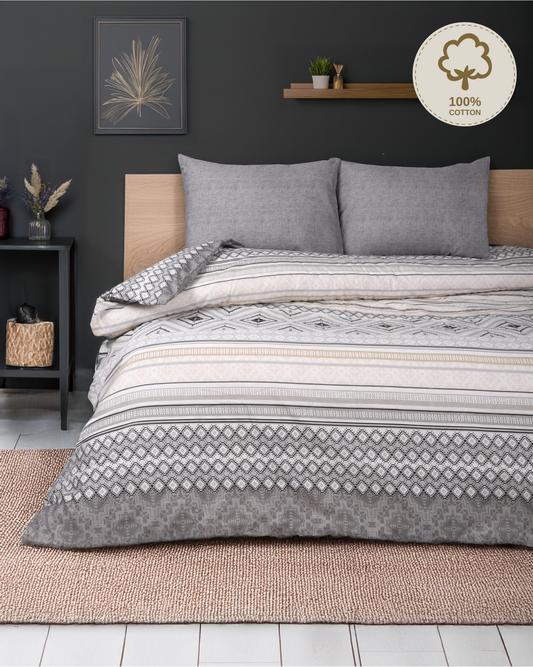 %100 Pamuk Gri Etnik Desenli Solmaya Dayanıklı Nevresim Takımı – Çift Kişilik