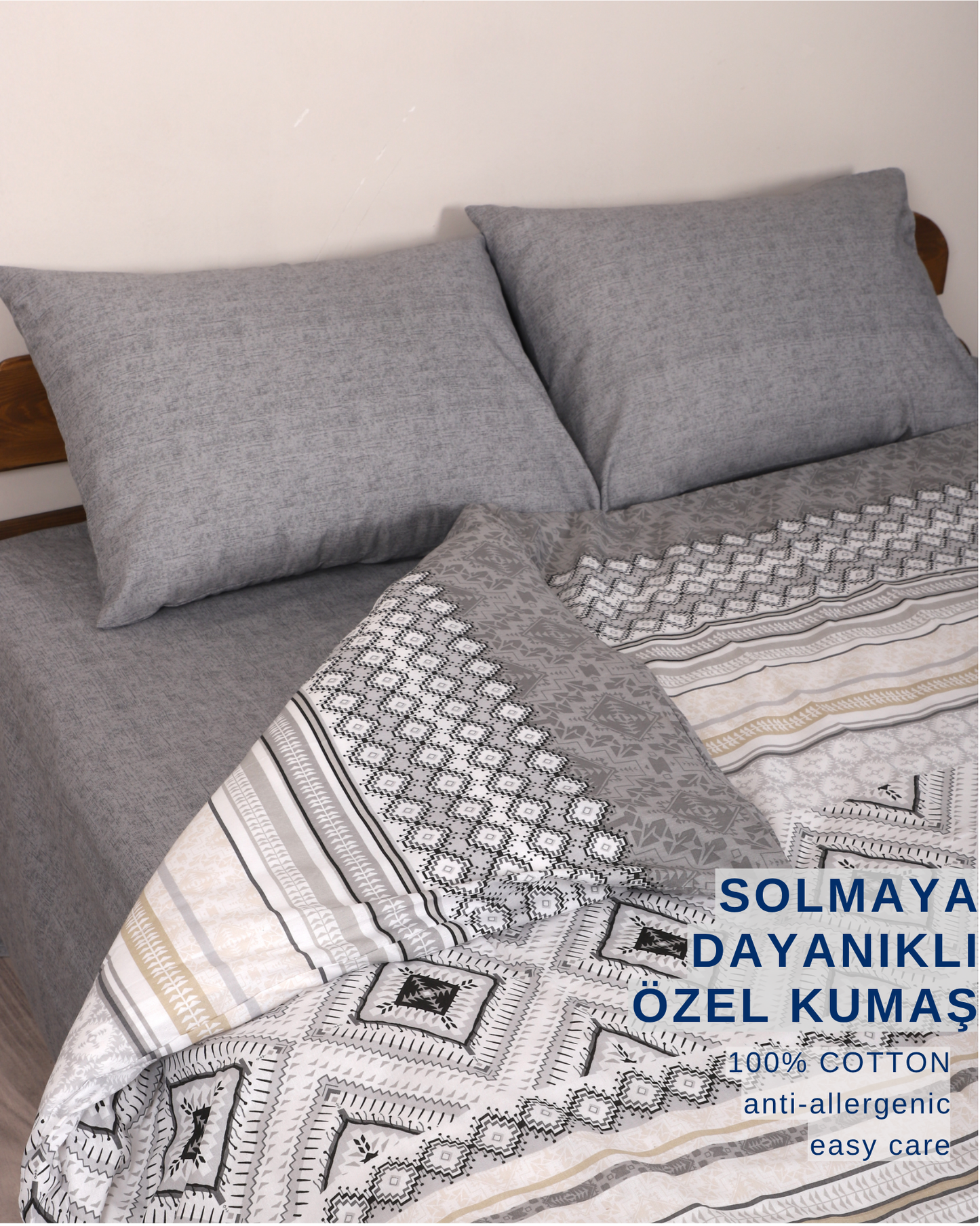 %100 Pamuk Gri Etnik Desenli Solmaya Dayanıklı Nevresim Takımı – Çift Kişilik